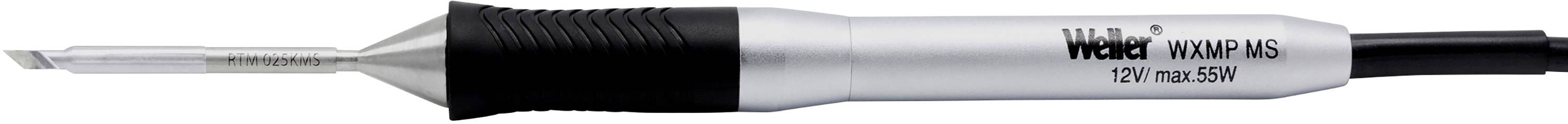 Fer à souder portant l'inscription 'Weller WMP MS'. Manche argenté, pointe orientée vers la gauche. Câble situé à l'extrémité droite.