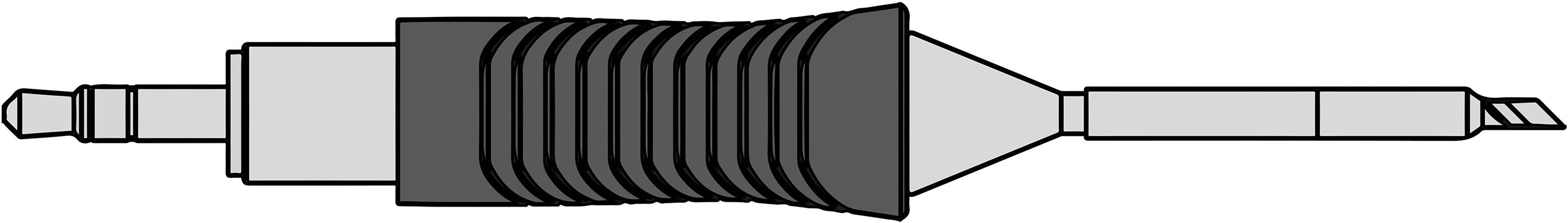 Diagramme d'un câble coaxial avec des connecteurs aux deux extrémités, représenté avec des isolants et un blindage.