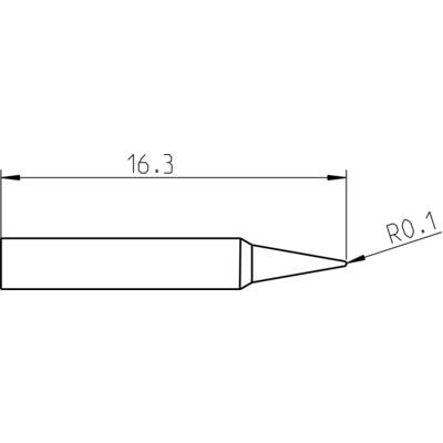 Dessin technique d'un objet conique avec deux dimensions : longueur totale de 16,3 unités, rayon d'inclinaison R0,1.