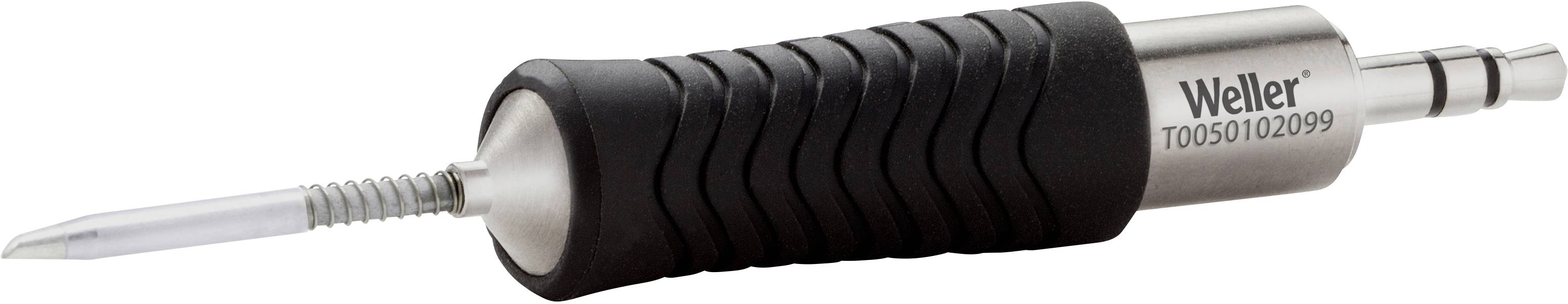 Fer à souder avec manche noir et pointe argentée, légèrement incliné. Nom de marque 'Weller' sur le manchon en acier inoxydable.