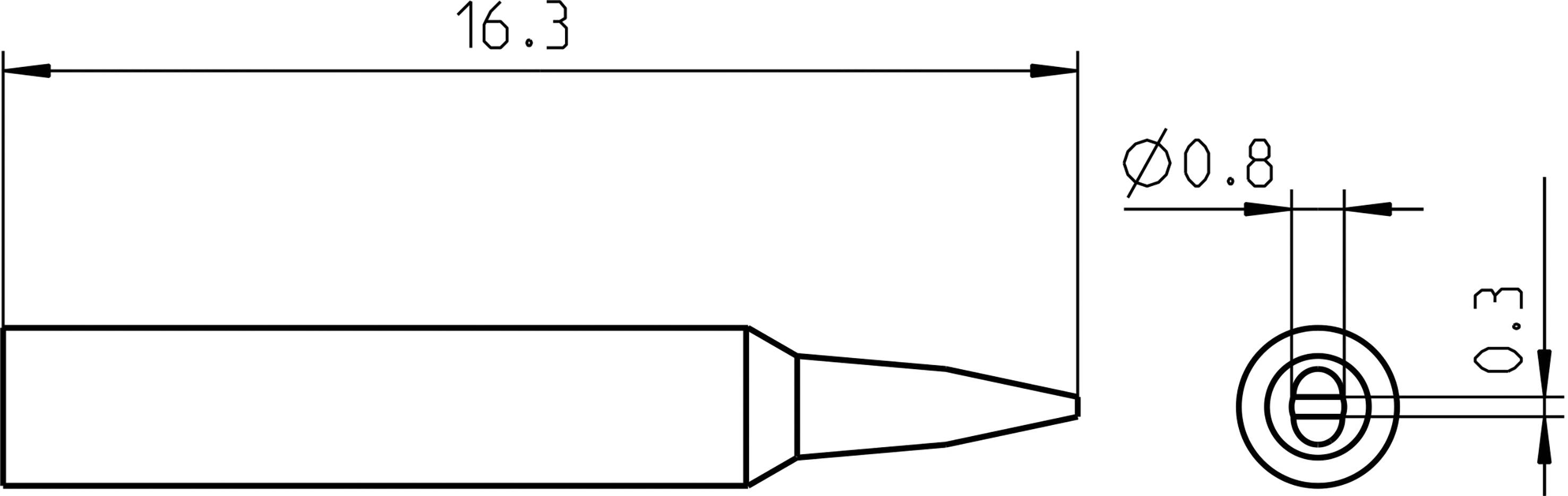 Dessin technique d'un objet cylindrique avec une pointe. Dimensions : longueur 16,3, diamètre 0,8, épaisseur 0,3.