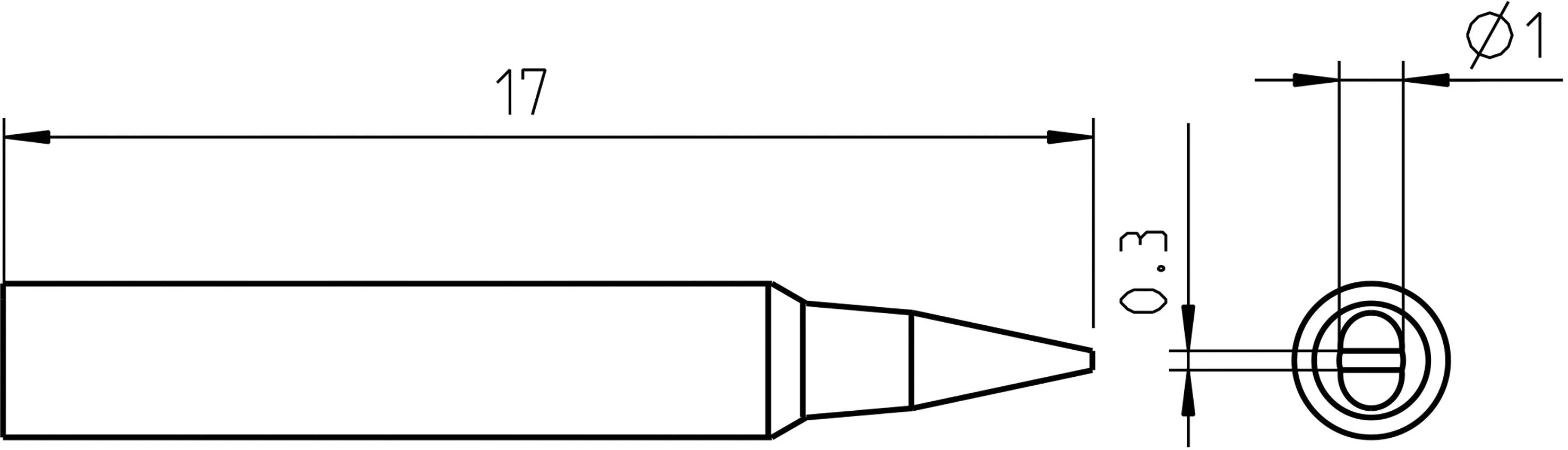Diagramme d'un embout de fer à souder avec une longueur de 17 mm et des indications de diamètre : φ0,3 mm et φ1 mm. Montre des dimensions précises.