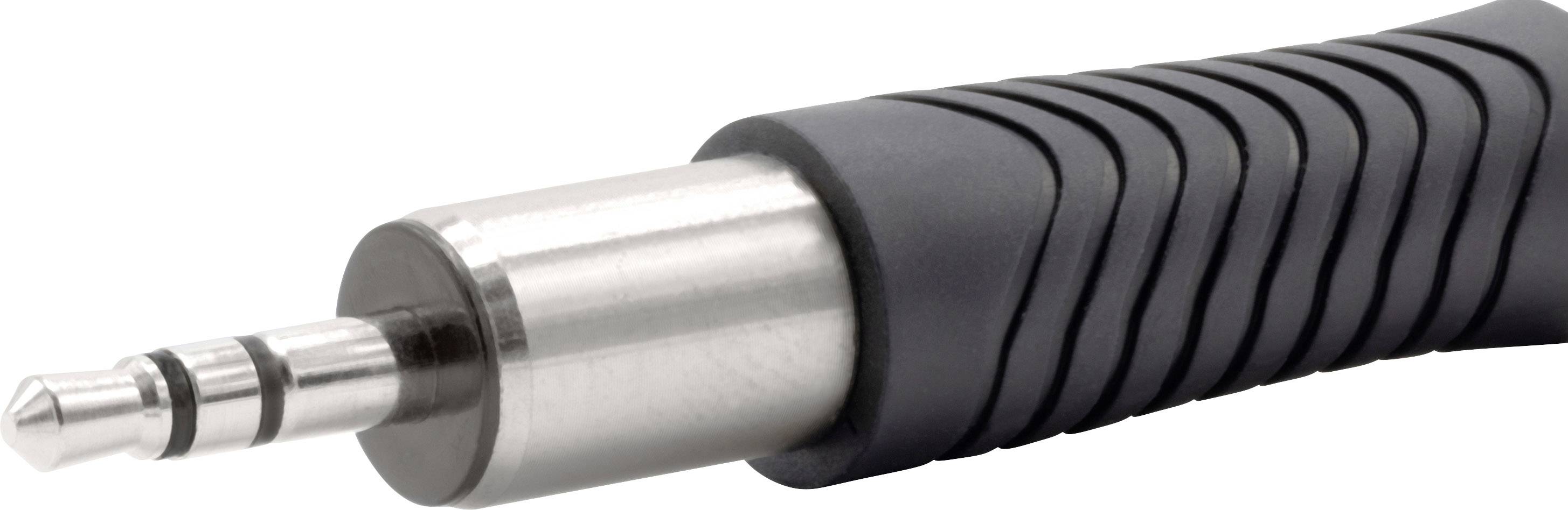 Une fiche audio noire avec embout métallique et poignée striée, adaptée pour connecter des écouteurs ou des haut-parleurs.
