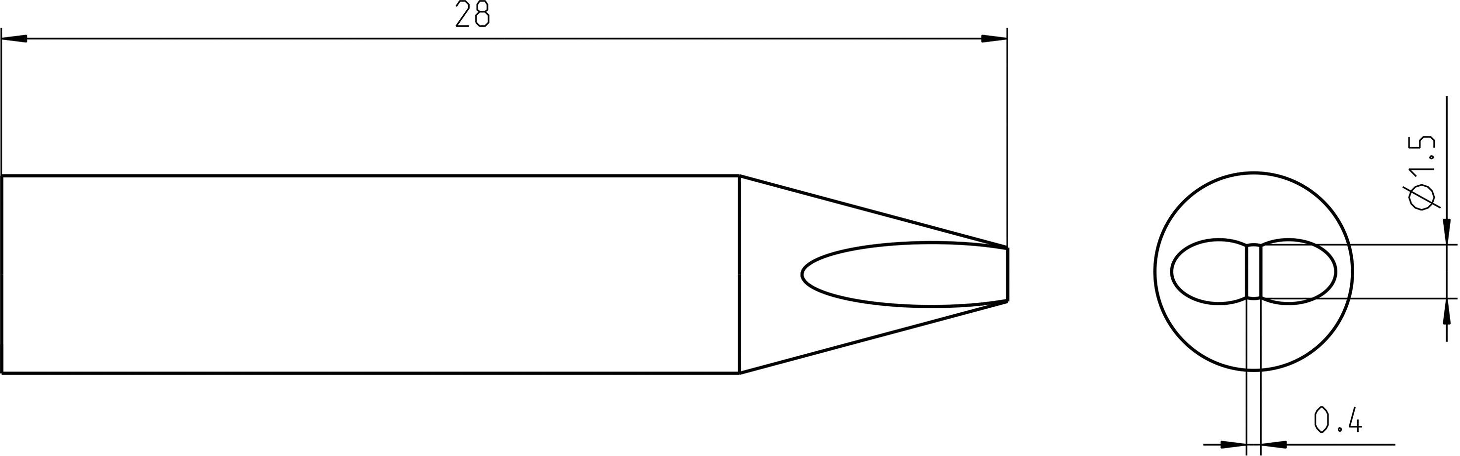 Dessin technique d'un embout de fer à souder avec les dimensions suivantes : longueur 28 mm, diamètre 1,5 mm, largeur à la pointe 0,4 mm.