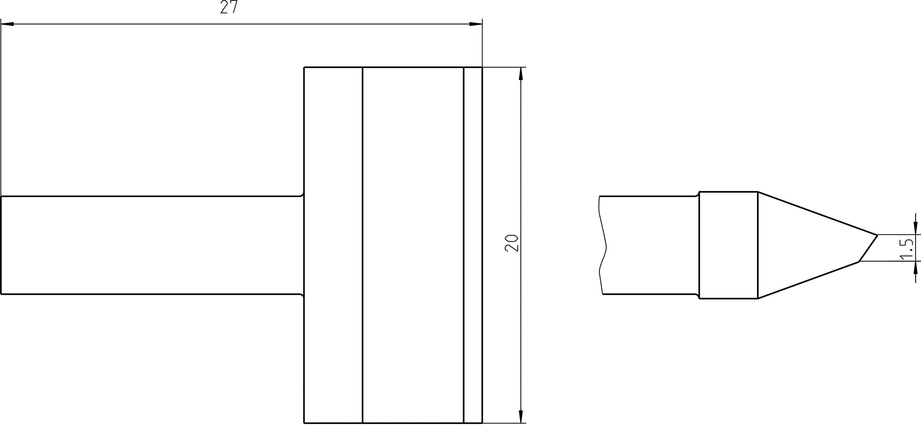 Dessin technique d'une pièce cylindrique avec les dimensions suivantes : largeur de 27 mm, hauteur de 20 mm et pointe de 1,5 mm.