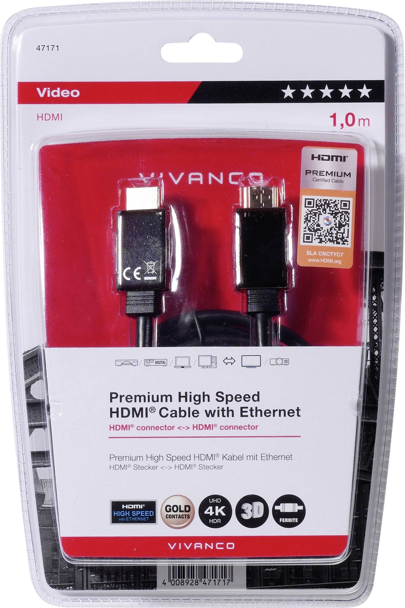 Câble de raccordement Vivanco HDMI Fiche mâle HDMI-A, Fiche mâle HDMI-A 1.00 m noir 47171 Câble HDMI-1