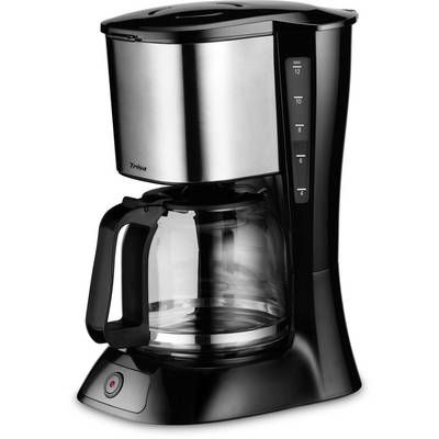 Machine à café de design moderne avec carafe en verre, boîtier noir et éléments argentés. Indicateur de capacité sur le côté droit.