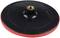 Un plateau de ponçage rond avec un bord en caoutchouc rouge et une surface en plastique noir. Un filetage métallique au centre pour la fixation.