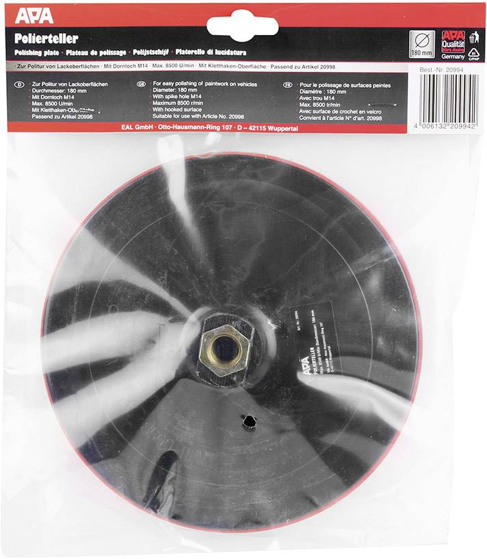 Un disque de polissage noir de APA avec un bord rouge et une vis métallique au centre. L'emballage présente des détails tels que la marque et les spécifications.