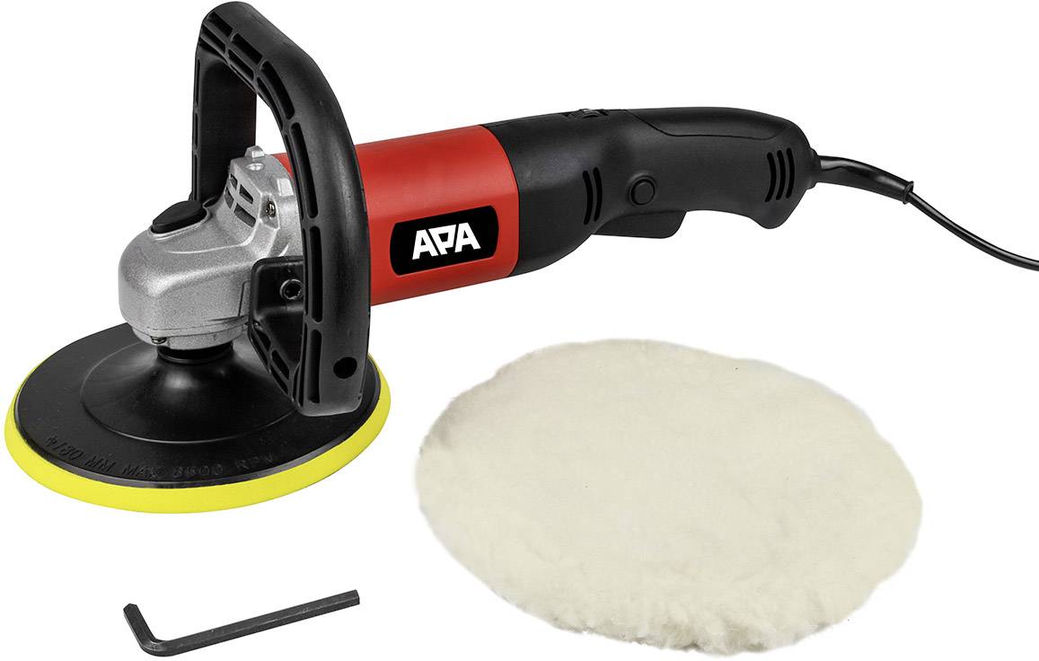 Une polisseuse électrique avec un boîtier rouge et une poignée noire, à côté d'un pad de polissage blanc et une clé hexagonale.