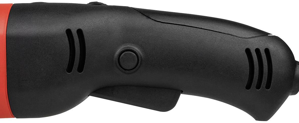 Une poignée noire, ergonomique, d'un outil électrique avec un accent rouge et un bouton-poussoir central.