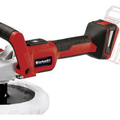 Polisseur rouge et noir à batterie de marque Einhell, avec poignée ergonomique et logement de batterie intégré. Adapté pour les polissages automobiles.