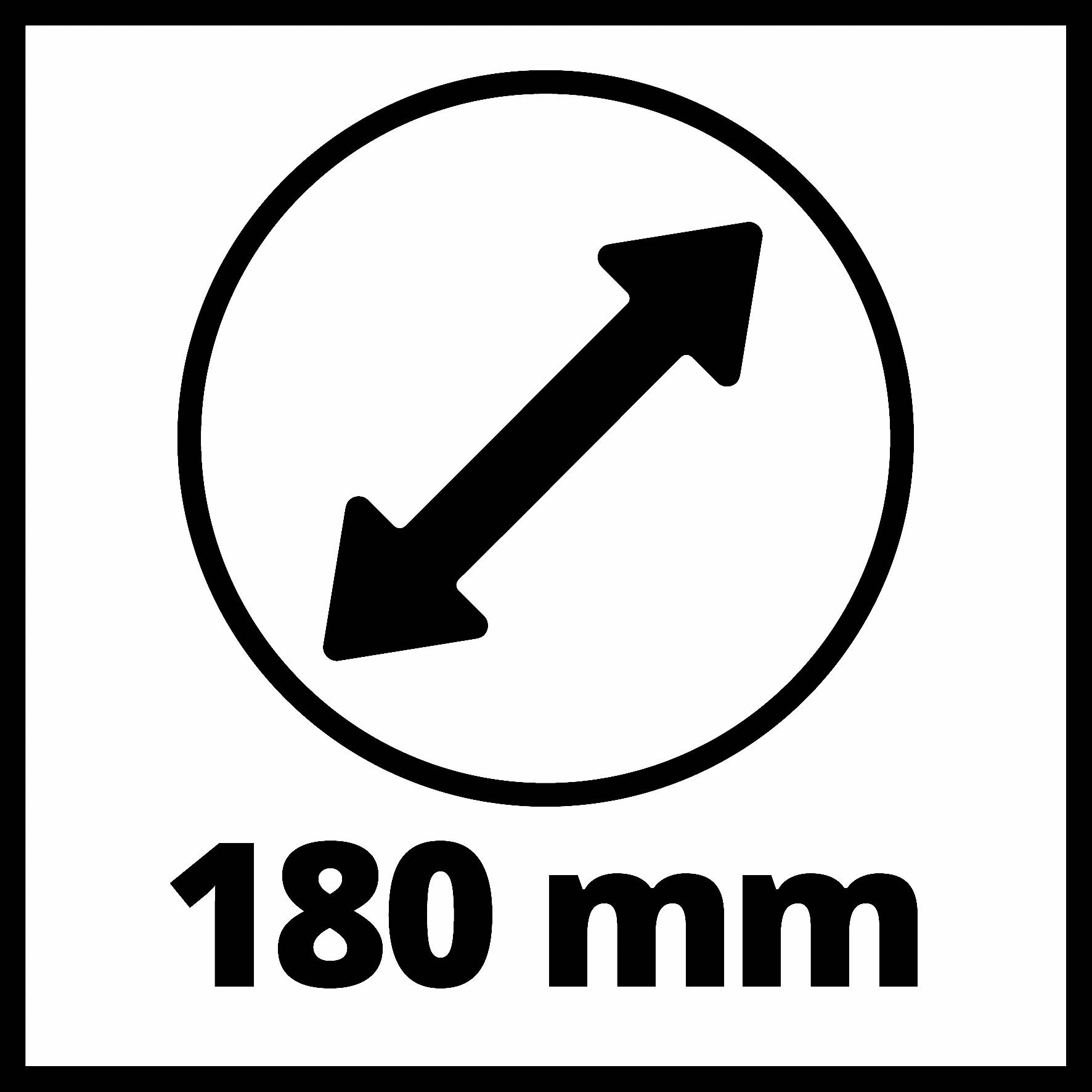Symbole d'un grand double flèche dans un cercle. En dessous, il est indiqué '180 mm', ce qui indique le diamètre.