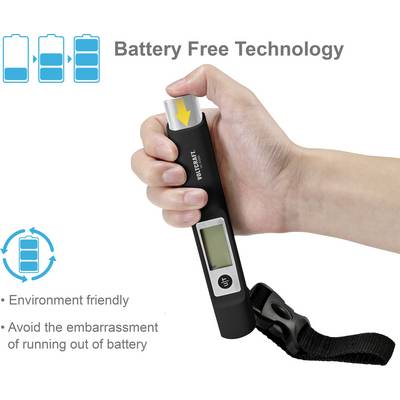 Une main tient un appareil noir et gris sans batterie, équipé d'un écran et d'un bracelet. Écologique, aucun changement de batterie nécessaire.