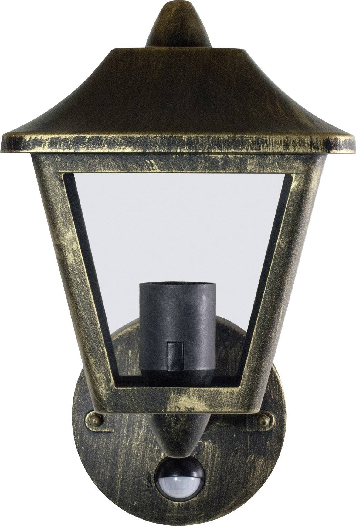 Applique murale extérieure rustique en métal avec insert en verre et capteur, adaptée à l'éclairage extérieur.