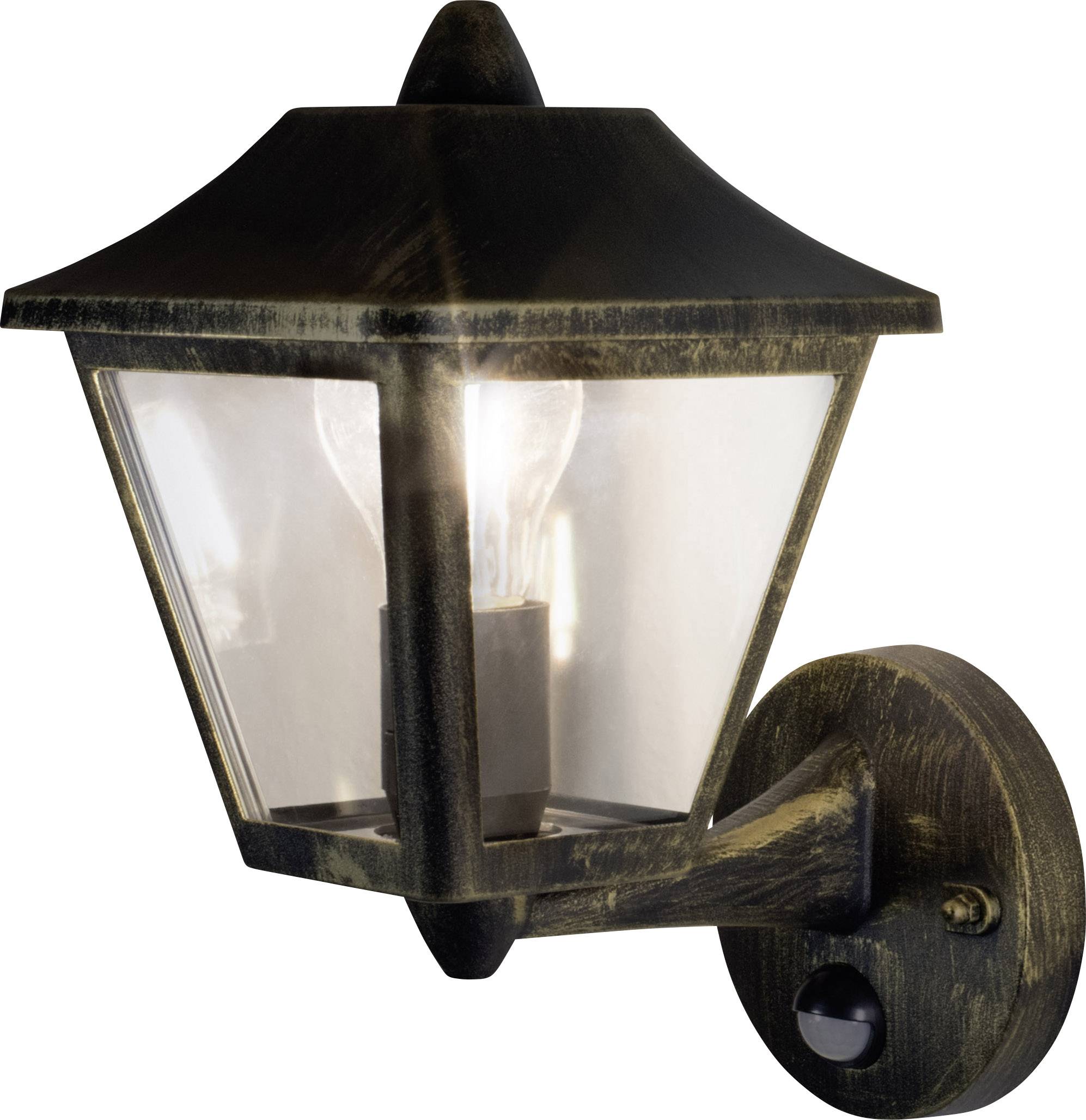 Applique murale extérieure de style ancien avec boîtier noir et surfaces vitrées transparentes, ampoule visible et allumée à l'intérieur.