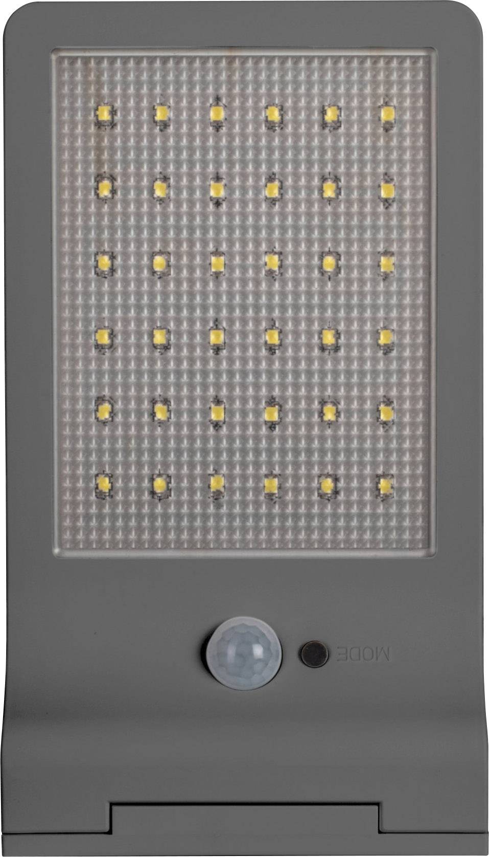 Lampe LED avec 30 points lumineux visibles et détecteur de mouvement dans un boîtier gris, adaptée à un éclairage intérieur ou extérieur.
