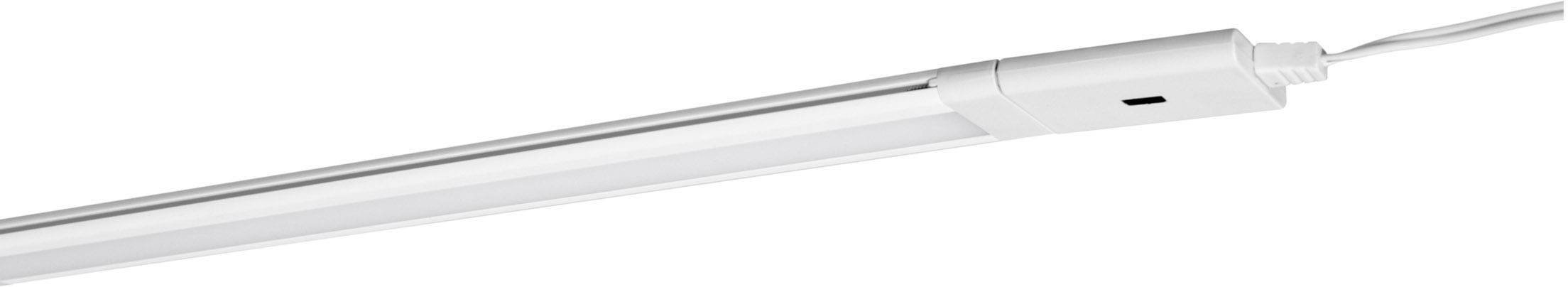 Lampe LED blanche à section rectangulaire avec câble électrique sur un côté.