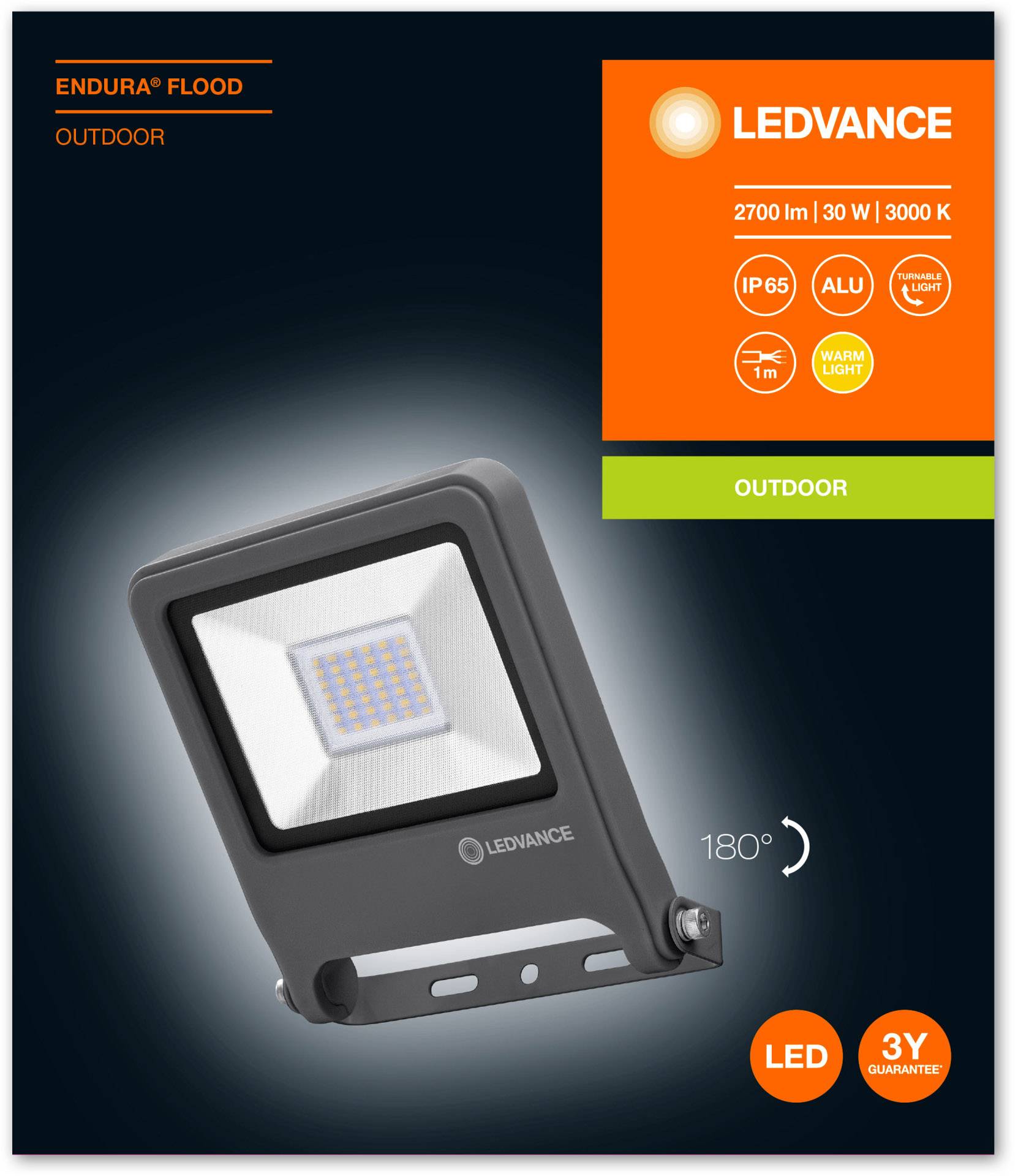 'LEDVANCE Endura Flood'. Projecteur d'extérieur, 2700 lm, 30 W, 3000 K. Étanche (IP65), Aluminium, lumière chaude, garantie 3 ans.