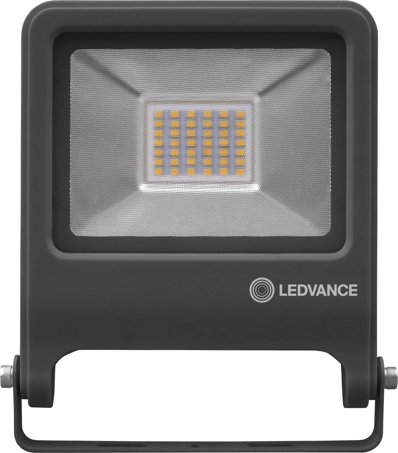 Un projecteur LED rectangulaire dans un boîtier noir, avec plusieurs petites diodes lumineuses visibles à l'avant.