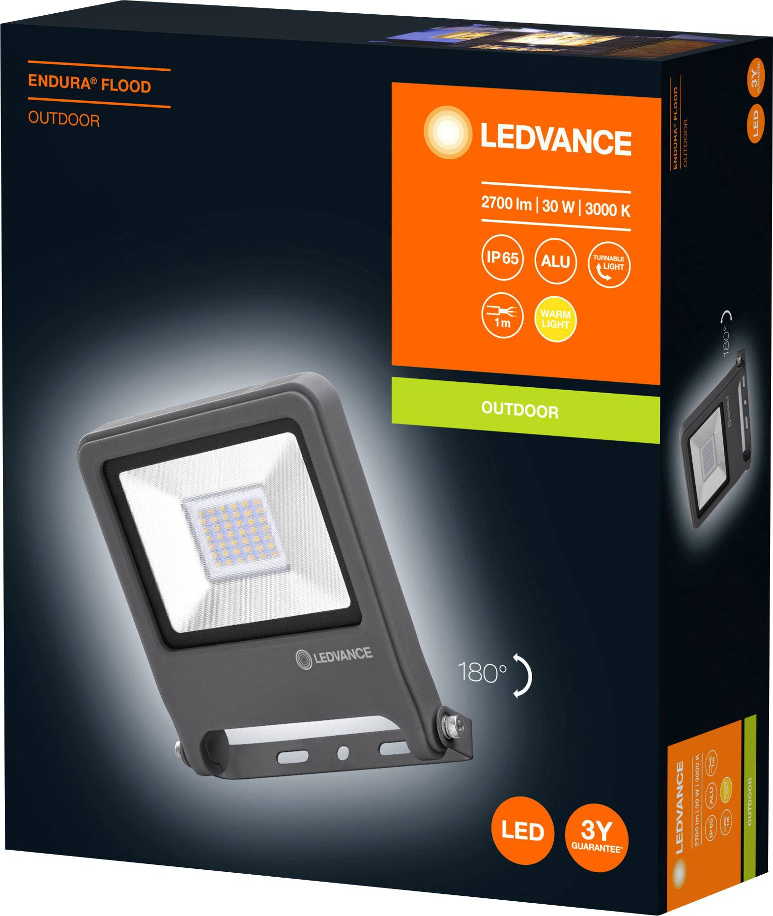 Emballage d'une lampe projecteur LED de Ledvance. 2700 lumens, 30 watts, 3000 Kelvin, IP65. Convient pour l'extérieur. Comprend une garantie de 3 ans.