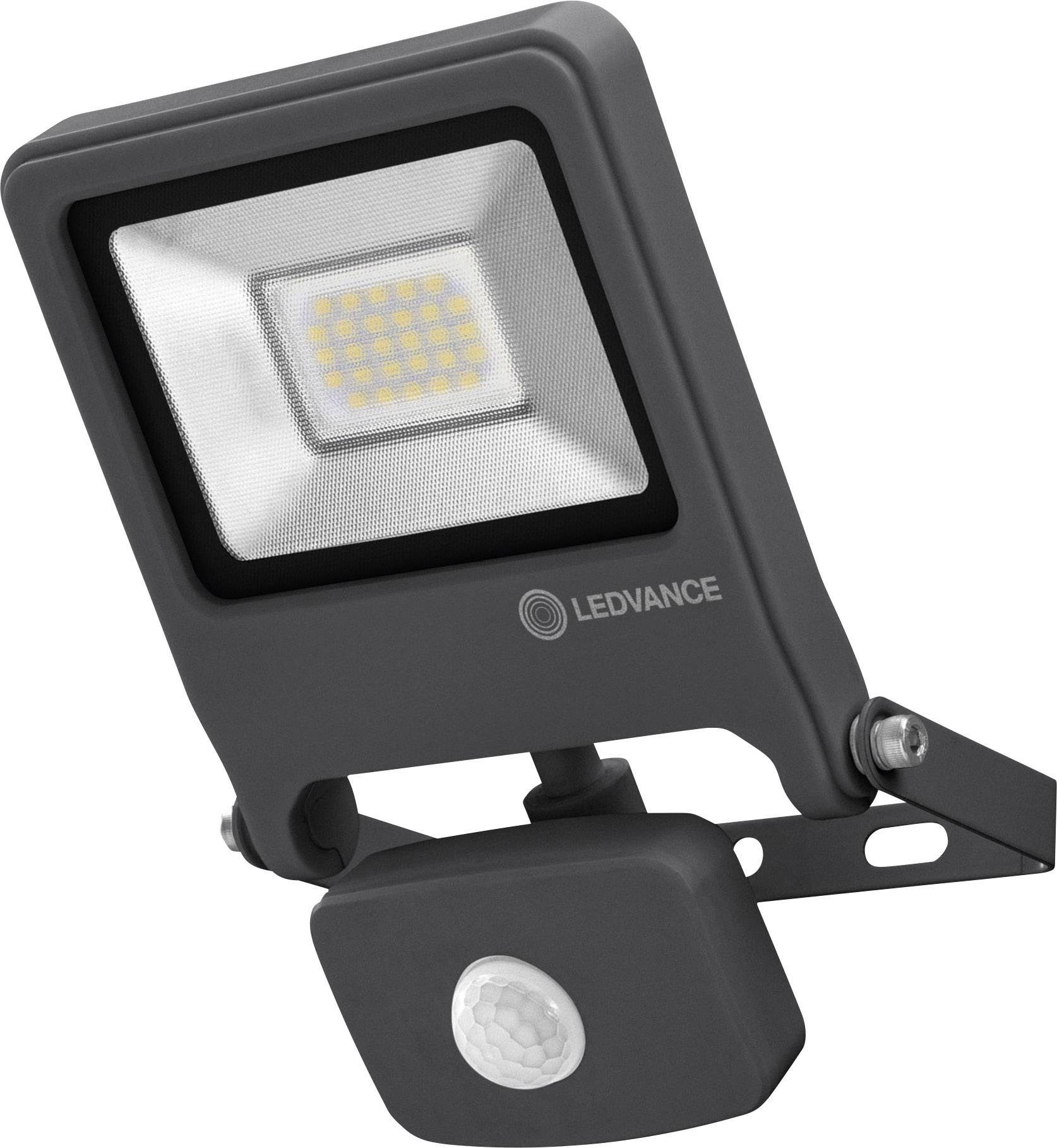 Projecteur LED moderne avec détecteur de mouvement, compact et gris foncé, idéal pour les espaces extérieurs de surveillance et d'éclairage.