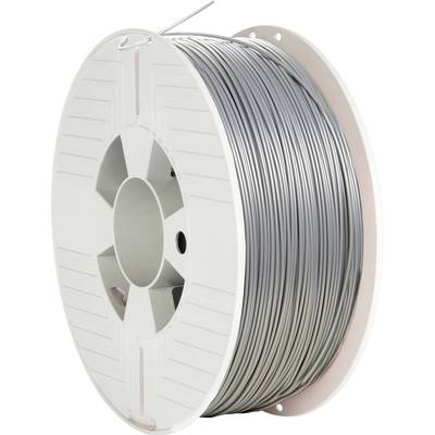 Un rouleau de fil argenté sur un support de bobine en plastique blanc.