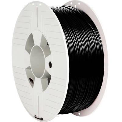 Une grande bobine blanche en plastique avec un filament noir enroulé. Adaptée pour l'impression 3D.