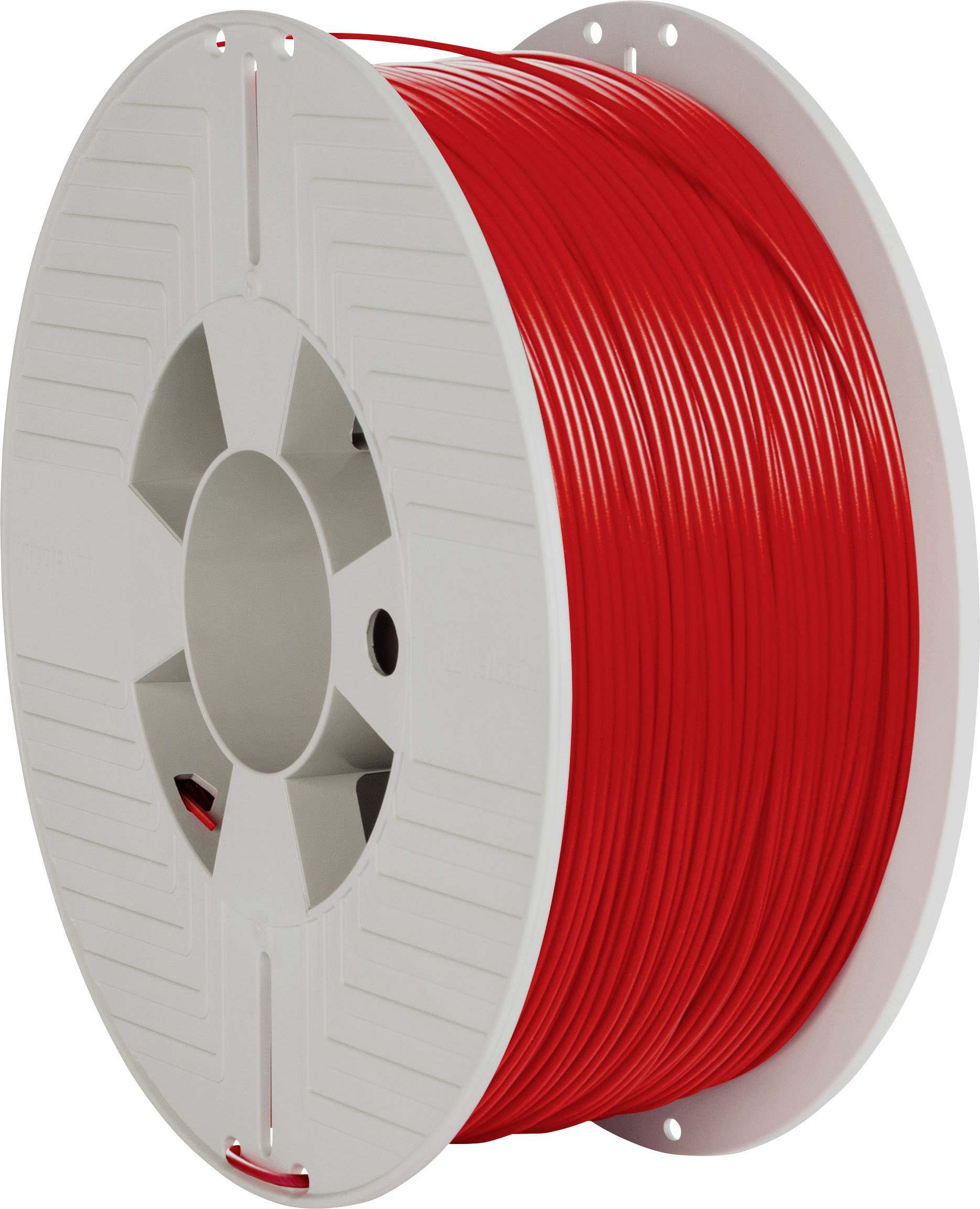 Rouleau de filament rouge pour imprimante 3D, enroulé uniformément sur un bobineau en plastique gris.