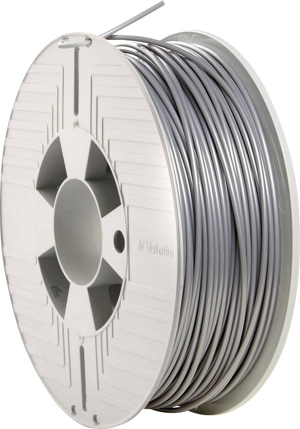Une bobine de plastique avec un fil de filament gris, probablement destinée à l'impression 3D.