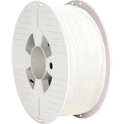 Bobine blanche avec filament pour imprimante 3D, vue de côté. Idéale pour les modèles imprimés et les prototypes, compatibilité universelle.
