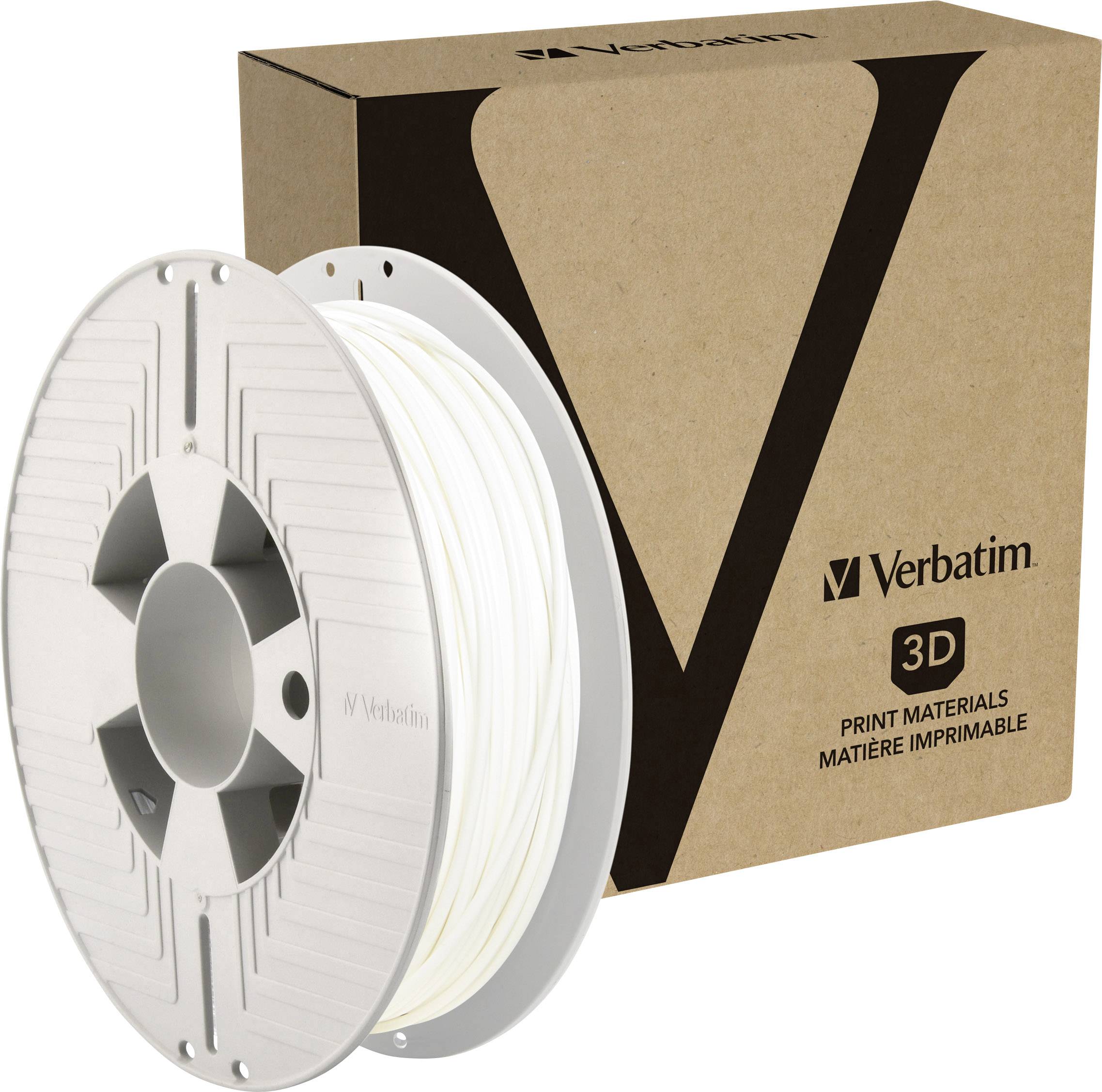 L'illustration montre un rouleau de filament pour imprimante 3D Verbatim en blanc devant un emballage portant le logo Verbatim et l'inscription « 3D Print Materials ».