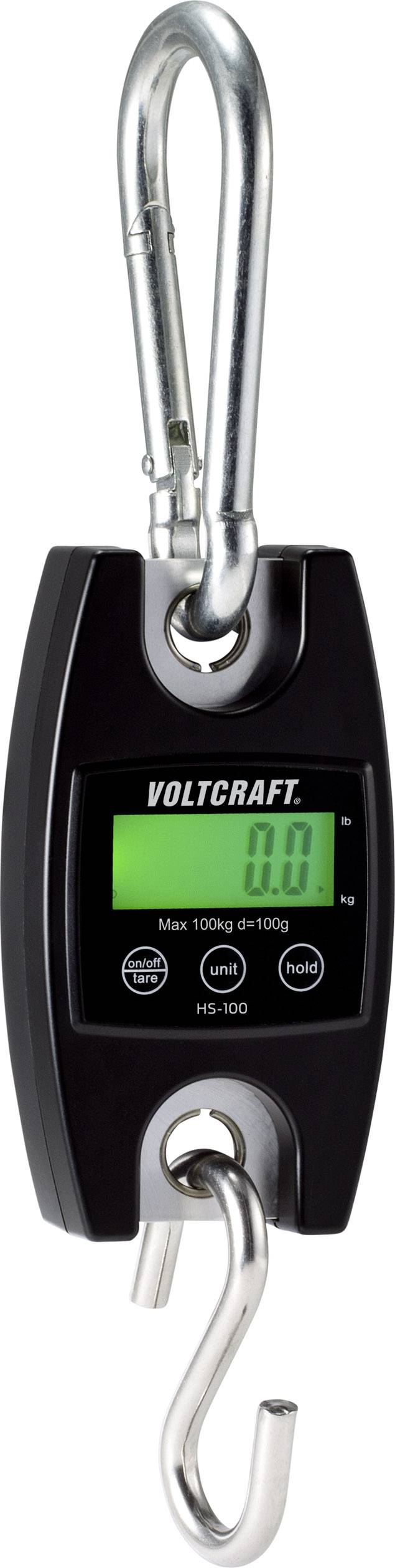 Balance électronique suspendue avec mousqueton et affichage numérique, indiquant '0,0 kg'. Capacité maximale de 50 kg par incréments de 100 g.