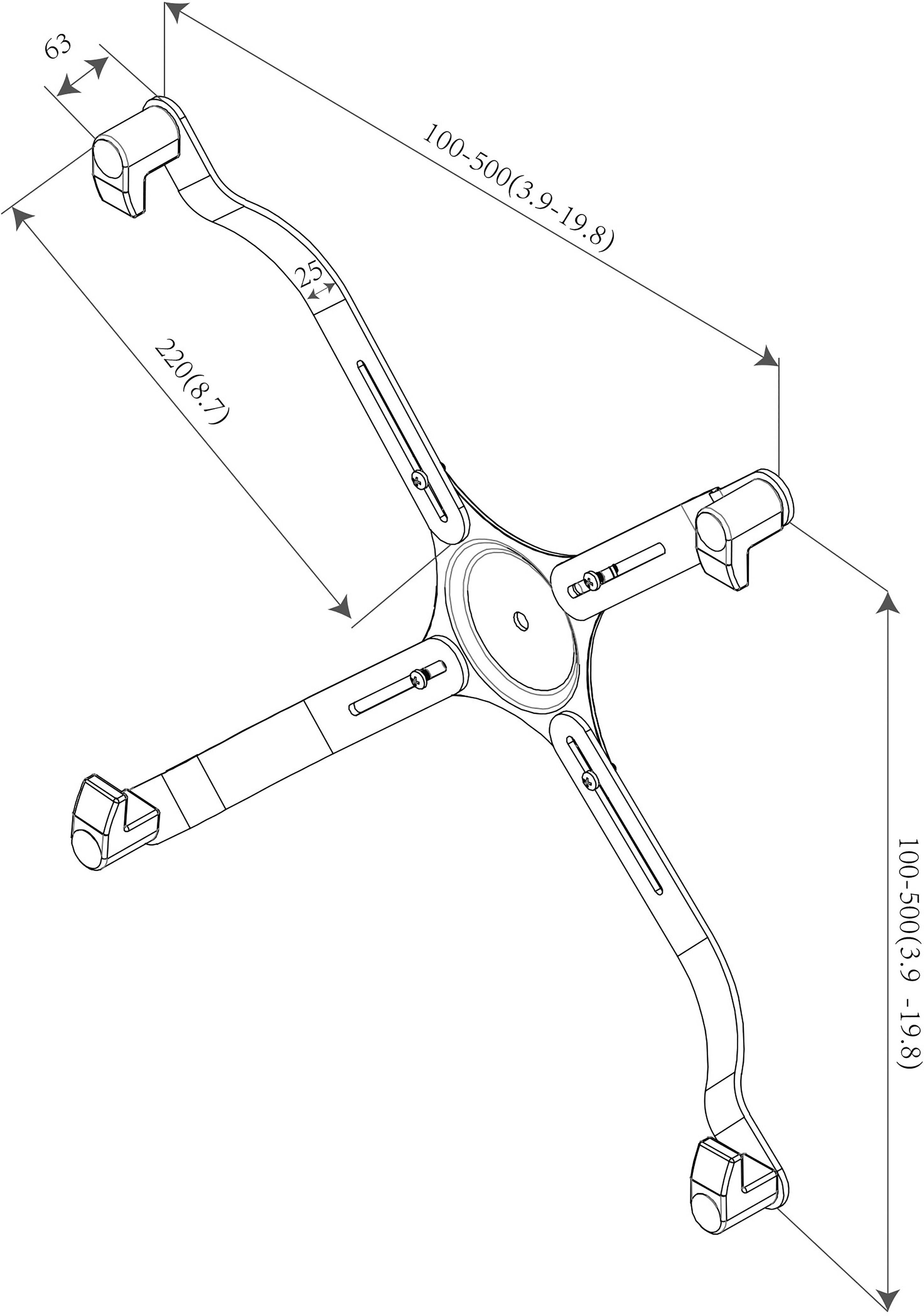 Dessin technique isométrique d'une pièce en forme de croix avec des cotes détaillées, montrant des angles spécifiques et des indications de longueur.