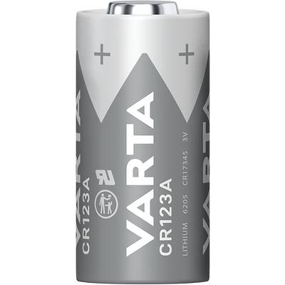 Batterie lithium grise de la marque 'VARTA', modèle CR123A, tension 3V.