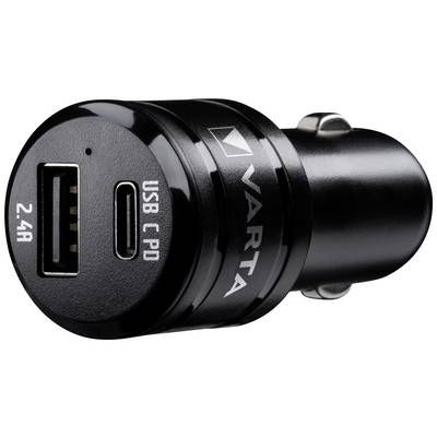 Un chargeur de voiture noir de Varta avec des ports USB : un USB-A de 2,4A et un USB-C PD. Idéal pour charger simultanément plusieurs appareils.