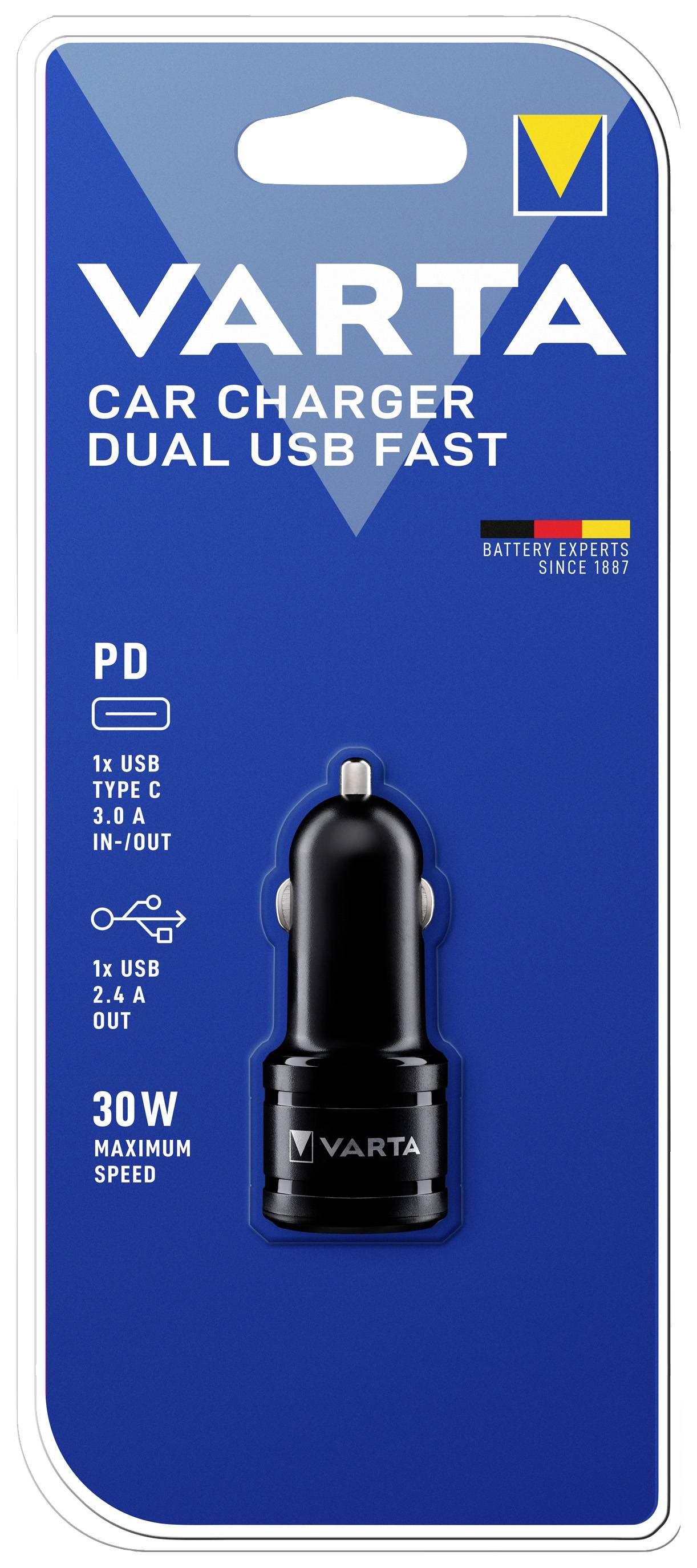 Carton d'emballage bleu d'un chargeur de voiture VARTA avec deux ports USB, Type-C et USB, puissance maximale de 30 W.