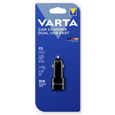 Carton d'emballage bleu d'un chargeur de voiture VARTA avec deux ports USB, Type-C et USB, puissance maximale de 30 W.