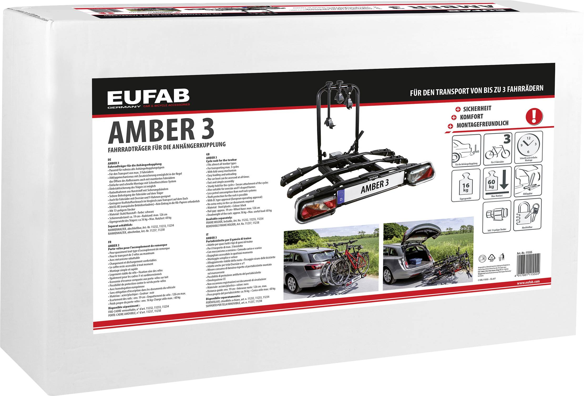 Boîte contenant un porte-vélos modèle 'Amber 3' de la marque Eufab pour attelage de remorque, adapté pour jusqu'à trois vélos.