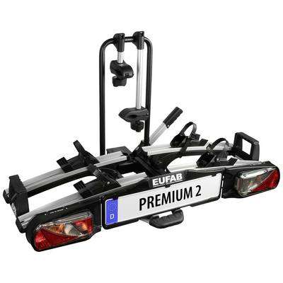Porte-vélos à l'arrière d'un véhicule, monté sur un attelage de remorque. Marque 'EUFAB', modèle 'Premium 2'.