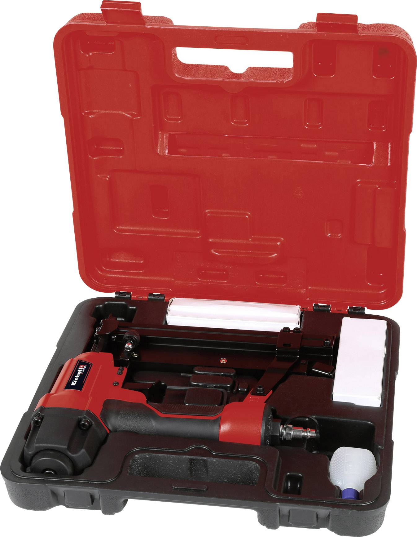 Un cloueur pneumatique rouge dans un coffret de transport ouvert, équipé d'accessoires tels qu'un réservoir d'huile et une clé hexagonale.