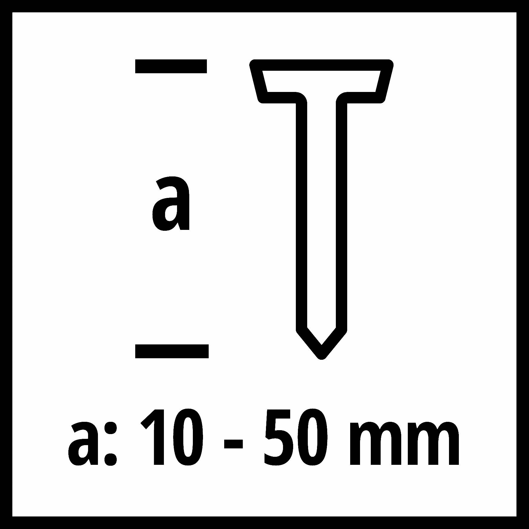 Profondeur d'ancrage : 10 - 50 mm. Le diagramme présente une vis et la lettre 'a', indiquant les longueurs d'ancrage.