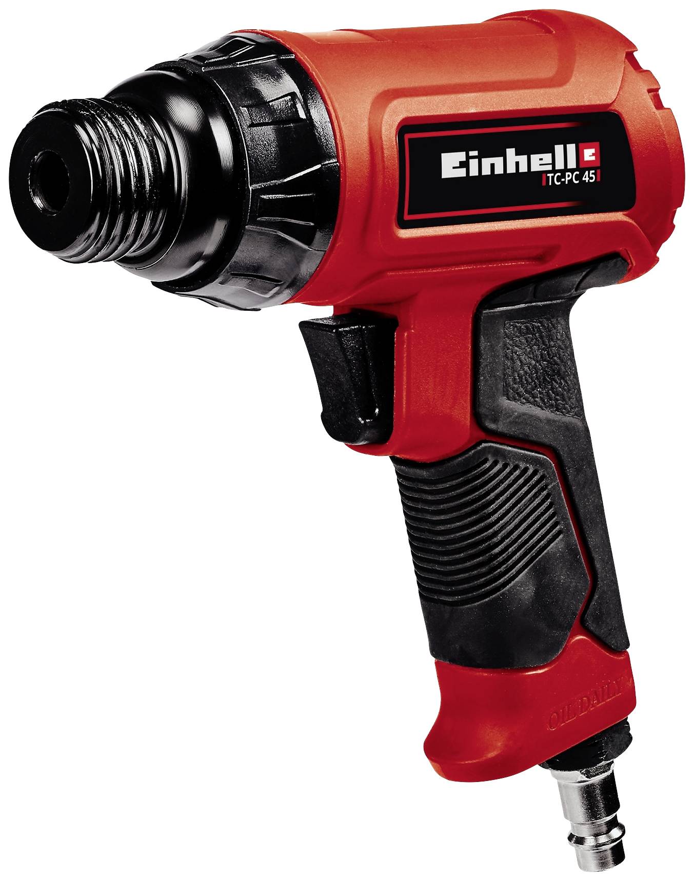 Einhell Pistolet à air comprimé en rouge et noir avec poignée ergonomique et raccordement pneumatique, modèle 'ITC-PC 45/1', adapté aux travaux d'atelier.