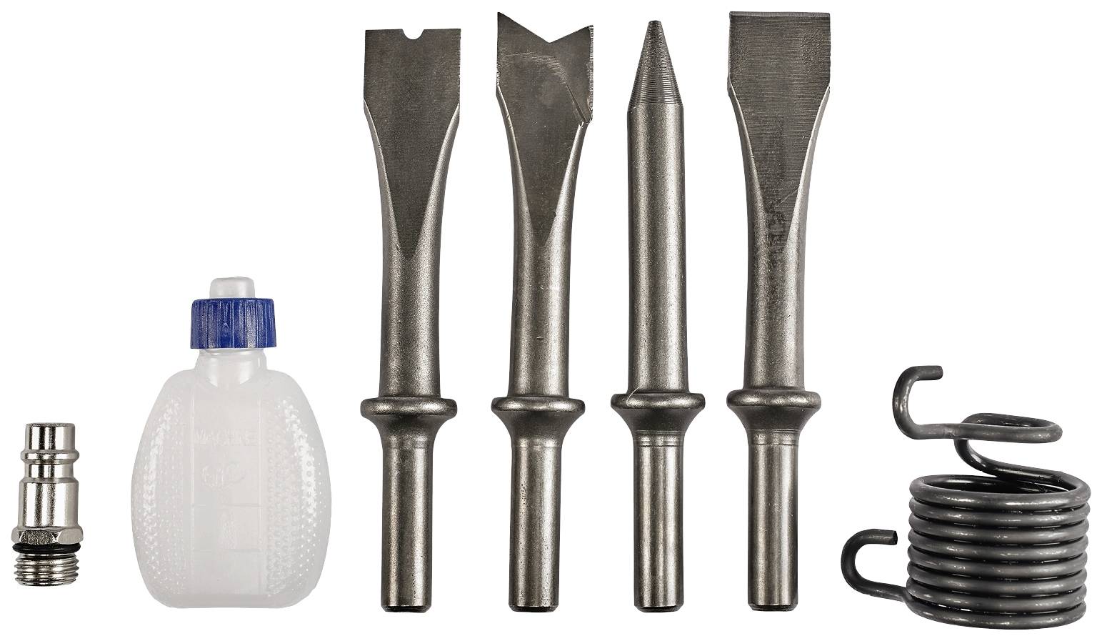 Divers burins et outils, comprenant trois burins plats, un burin pointu, une bouteille d'huile de graissage et une plume métallique.