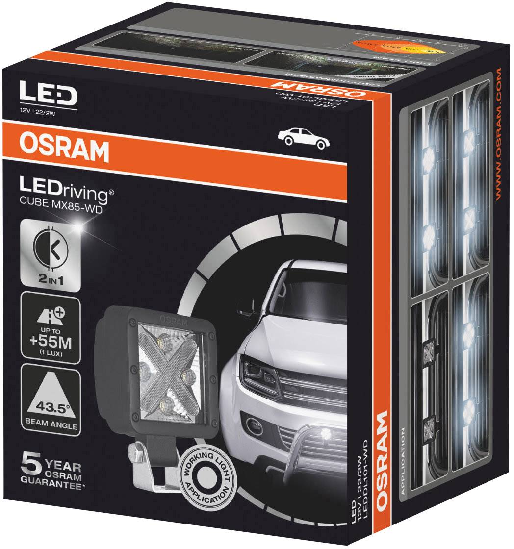 Emballage d'un projecteur LED OSRAM pour véhicule avec image d'un véhicule, informations sur le produit et points forts tels que '5 ans de garantie'.