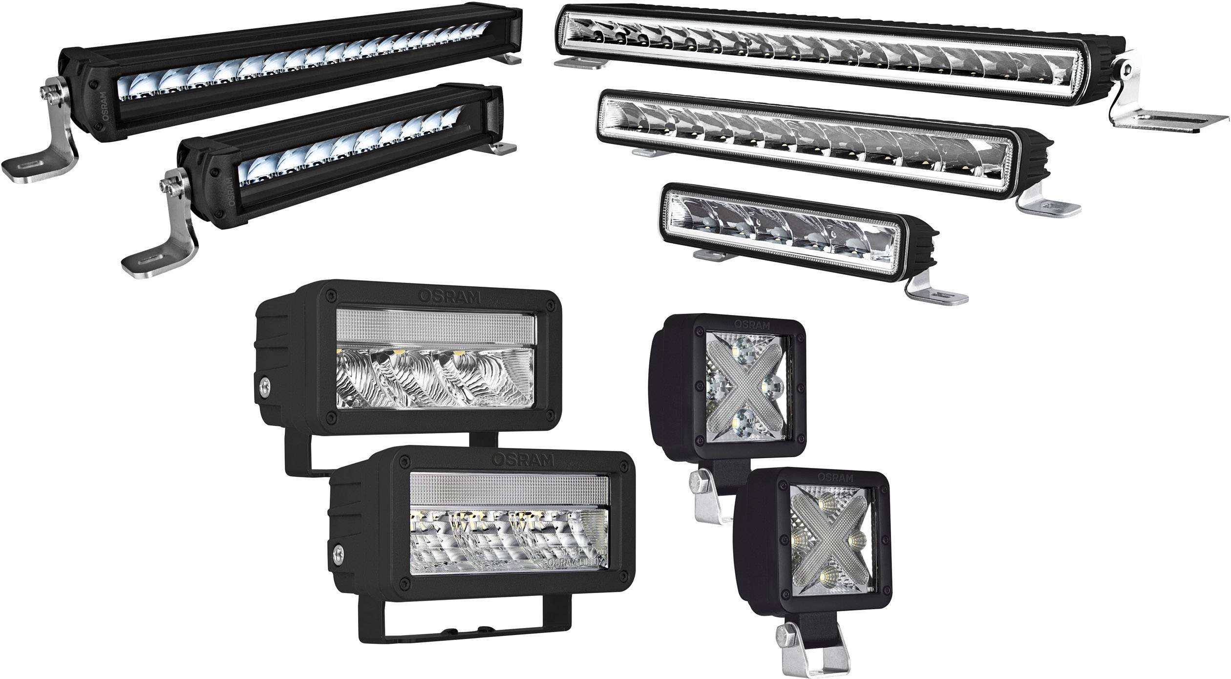 Différentes barres lumineuses LED et projecteurs de différentes tailles et formes, adaptés à l'éclairage automobile.