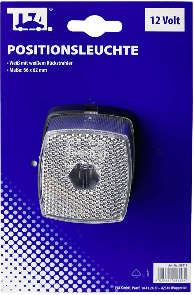 Feu de position sur carton bleu, 12 volts, dimensions : 66 x 62 mm, blanc avec réflecteur blanc.