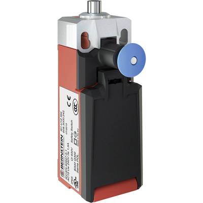Un interrupteur de sécurité rouge et noir de Bernstein avec un bouton-poussoir bleu et marquage CE, adapté pour les circuits en courant alternatif.