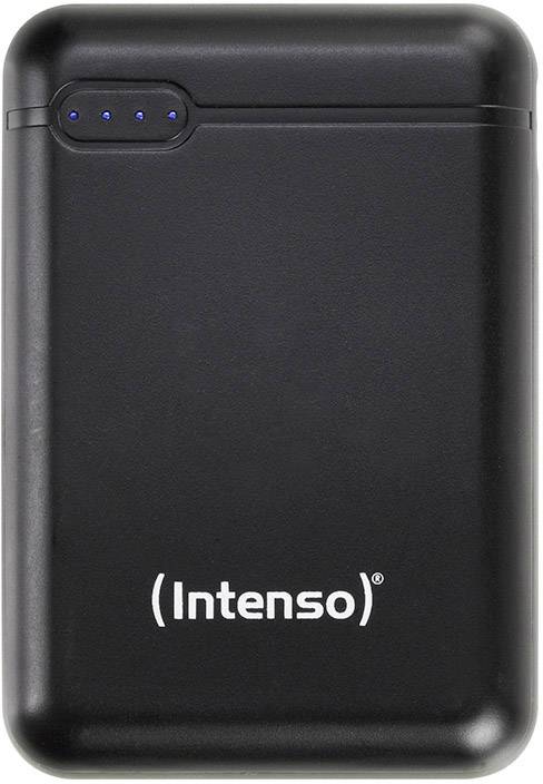 Un chargeur portable noir avec quatre voyants LED bleus et le nom de marque 'Intenso' sur la face avant.