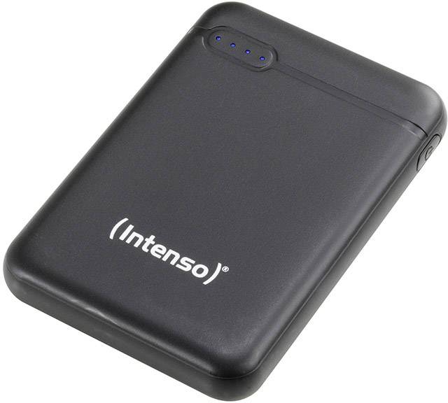 Disque dur externe noir avec le logo 'Intenso' sur la face avant et quatre voyants bleus en haut à gauche.